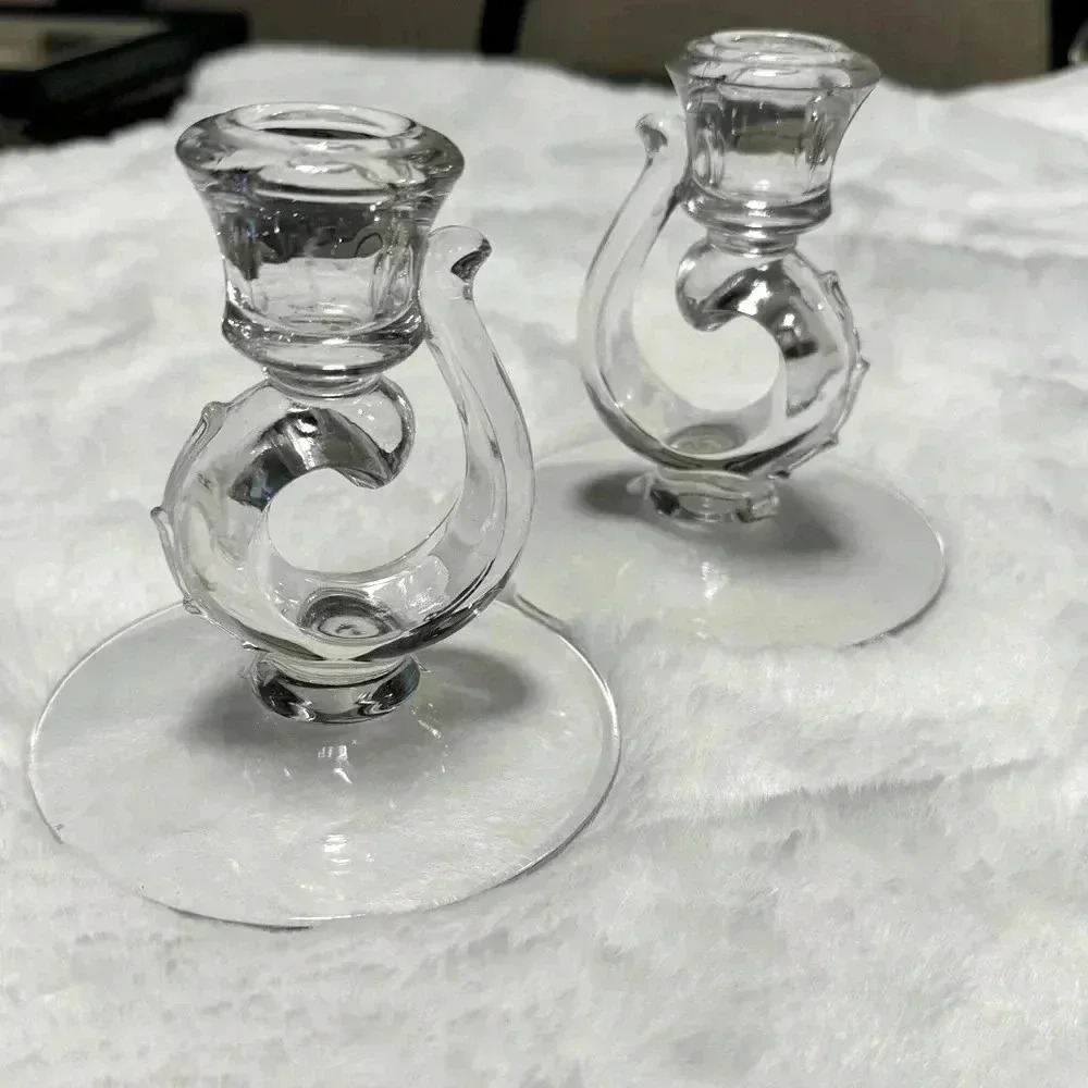 VTG Fostoria Depression Glass Candlestick Holders Beaded Glam Cottagecore EUC